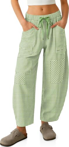 Womens Plaid Ginghamd Linen Barrel Pants Drawstring Y10k Patchwork