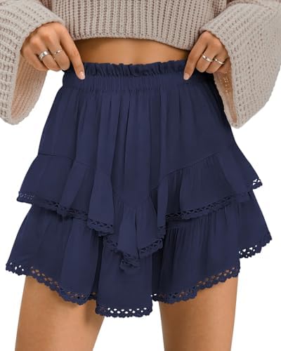 Womens Ruffle Tiered Skorts Elastic High Waist Pleated Mini Skirt Solid