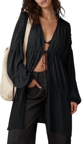 Womens Slouchy Linen Kimono Duster Tie Front Coverups with Pockets