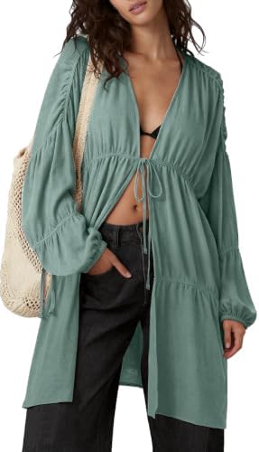 Womens Slouchy Linen Kimono Duster Tie Front Coverups with Pockets