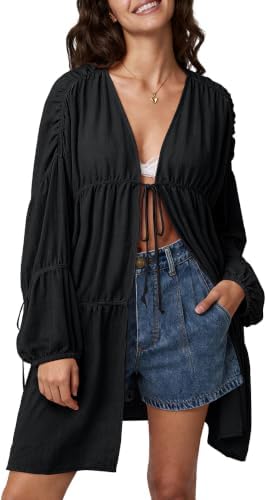 Womens Slouchy Linen Kimono Duster Tie Front Coverups with Pockets