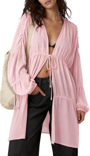 Womens Slouchy Linen Kimono Duster Tie Front Coverups with Pockets