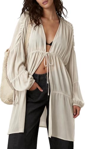 Womens Slouchy Linen Kimono Duster Tie Front Coverups with Pockets