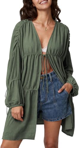 Womens Slouchy Linen Kimono Duster Tie Front Coverups with Pockets