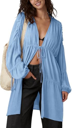 Womens Slouchy Linen Kimono Duster Tie Front Coverups with Pockets