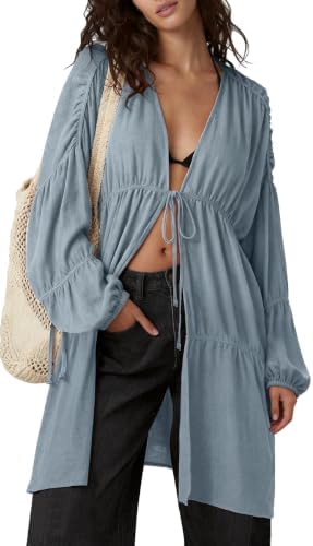 Womens Slouchy Linen Kimono Duster Tie Front Coverups with Pockets