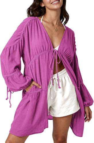 Womens Slouchy Linen Kimono Duster Tie Front Coverups with Pockets