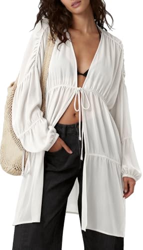 Womens Slouchy Linen Kimono Duster Tie Front Coverups with Pockets