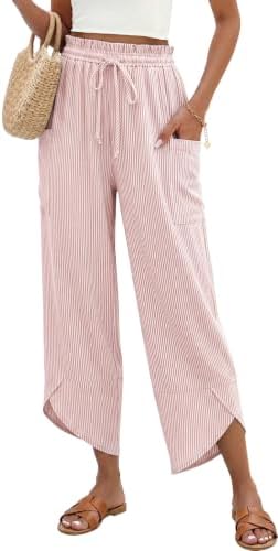 Women Stripe Linen Wide Leg Cropped Pants Drawstring Palazzo Trousers