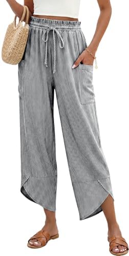 Women Stripe Linen Wide Leg Cropped Pants Drawstring Palazzo Trousers