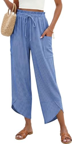 Women Stripe Linen Wide Leg Cropped Pants Drawstring Palazzo Trousers