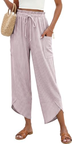 Women Stripe Linen Wide Leg Cropped Pants Drawstring Palazzo Trousers
