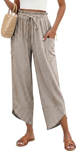 Women Stripe Linen Wide Leg Cropped Pants Drawstring Palazzo Trousers