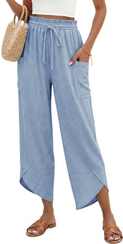 Women Stripe Linen Wide Leg Cropped Pants Drawstring Palazzo Trousers