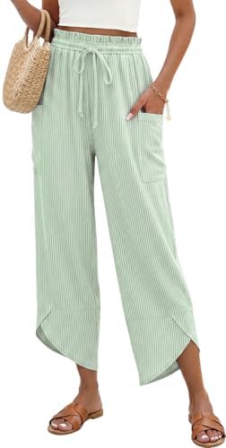 Women Stripe Linen Wide Leg Cropped Pants Drawstring Palazzo Trousers