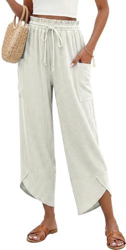 Women Stripe Linen Wide Leg Cropped Pants Drawstring Palazzo Trousers