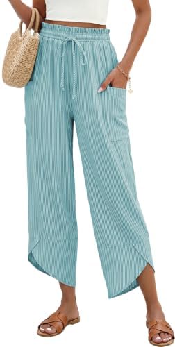 Women Stripe Linen Wide Leg Cropped Pants Drawstring Palazzo Trousers