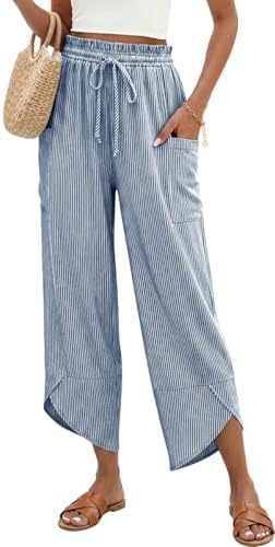 Women Stripe Linen Wide Leg Cropped Pants Drawstring Palazzo Trousers