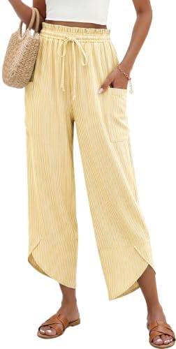 Women Stripe Linen Wide Leg Cropped Pants Drawstring Palazzo Trousers