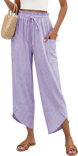 Women Stripe Linen Wide Leg Cropped Pants Drawstring Palazzo Trousers