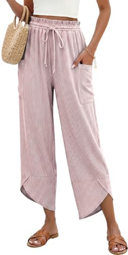 Women Stripe Linen Wide Leg Cropped Pants Drawstring Palazzo Trousers