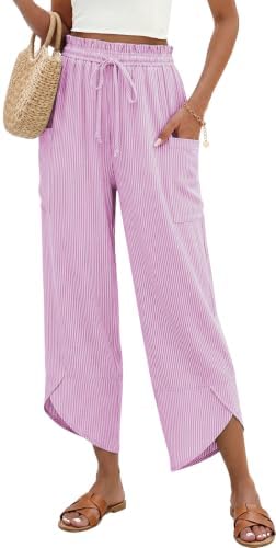 Women Stripe Linen Wide Leg Cropped Pants Drawstring Palazzo Trousers