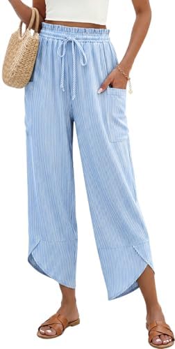 Women Stripe Linen Wide Leg Cropped Pants Drawstring Palazzo Trousers