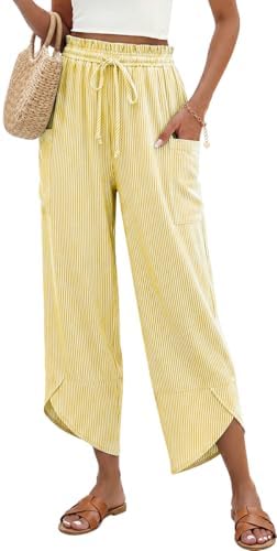 Women Stripe Linen Wide Leg Cropped Pants Drawstring Palazzo Trousers