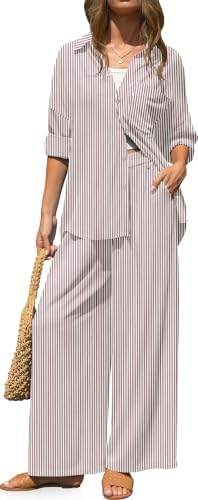 Womens Striped Linen 2 Piece Outfits Casual Lounge Sets