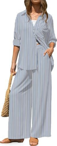Womens Striped Linen 2 Piece Outfits Casual Lounge Sets