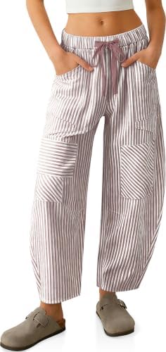 Womens Striped Linen Barrel Pants Drawstring Y11k Patchwork Pockets