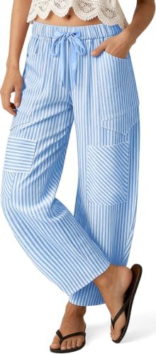 Womens Striped Linen Barrel Pants Drawstring Y3k Patchwork Pockets