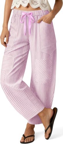 Womens Striped Linen Barrel Pants Drawstring Y8k Patchwork Pockets
