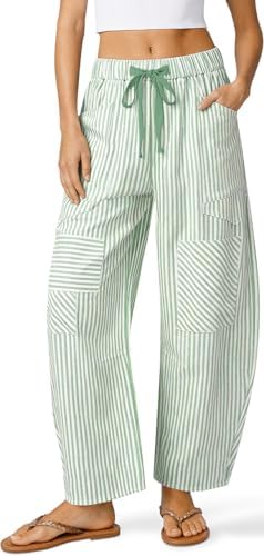 Womens Striped Linen Barrel Pants with Pockets Y2k Patchwork