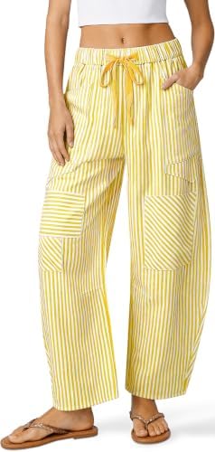 Womens Striped Linen Barrel Pants with Pockets Y2k Patchwork