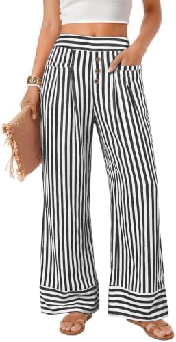 Womens Striped Wide Leg Elastic Waist Casual Pants with Pockets