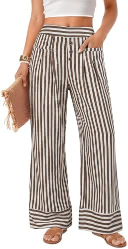 Womens Striped Wide Leg Elastic Waist Casual Pants with Pockets