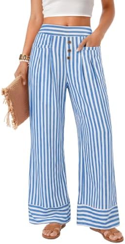 Womens Striped Wide Leg Elastic Waist Casual Pants with Pockets