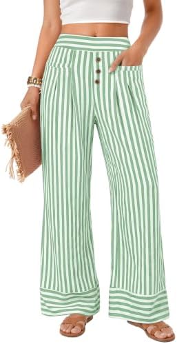 Womens Striped Wide Leg Elastic Waist Casual Pants with Pockets