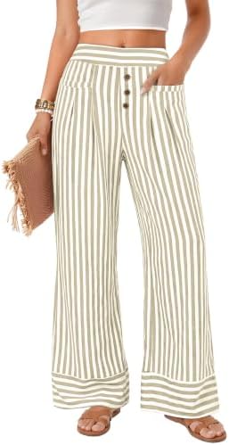 Womens Striped Wide Leg Elastic Waist Casual Pants with Pockets