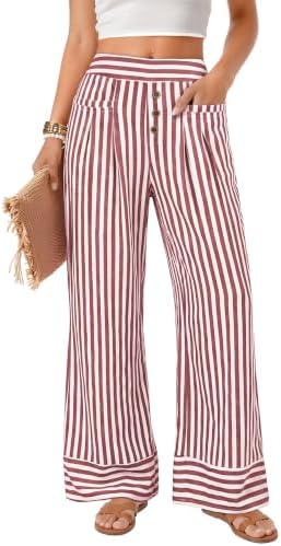 Womens Striped Wide Leg Elastic Waist Casual Pants with Pockets
