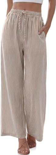Womens Striped Wide Leg Linen Pants Drawstring Palazzo Trousers