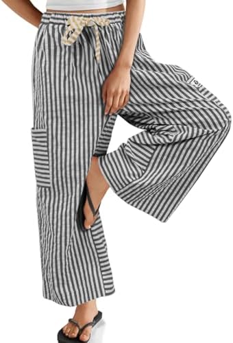 Women's Striped Wide Leg Pants Drawstring Casual Trousers