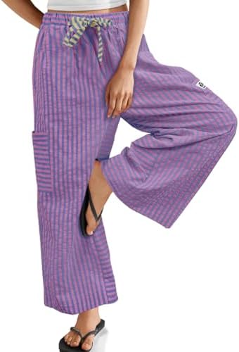 Women's Striped Wide Leg Pants Drawstring Casual Trousers