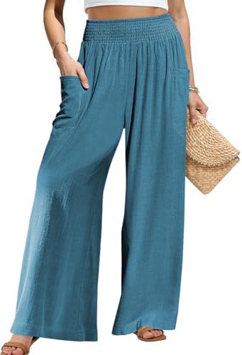 Womens Summer High Waisted Cotton Linen Palazzo Pants Wide Leg Long
