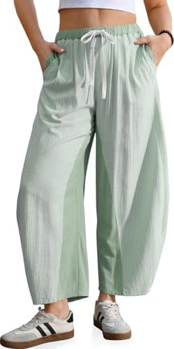 Womens Wide Leg Barrel Pants Striped Drawstring Elastic Waist Loose Fit