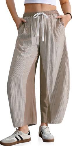 Womens Wide Leg Barrel Pants Striped Drawstring Elastic Waist Loose Fit