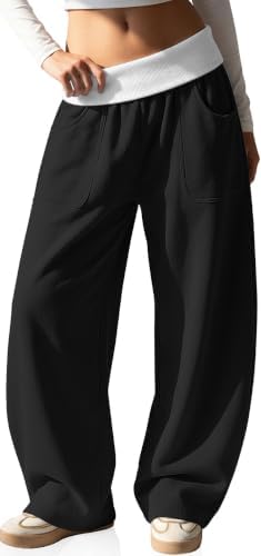 Womens Wide Leg Barrel Sweatpants Fold-Over Pants with Pockets S-XXL