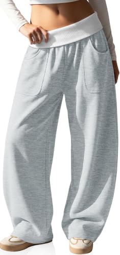 Womens Wide Leg Barrel Sweatpants Fold-Over Pants with Pockets S-XXL