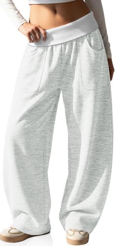 Womens Wide Leg Barrel Sweatpants Fold-Over Pants with Pockets S-XXL